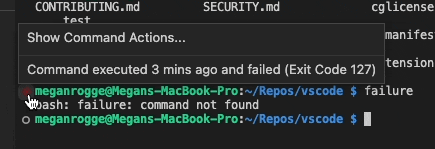 Command decoration hover displaying Show Command Actions option and information that the command executed 3 minutes ago and returned failed exit code 127