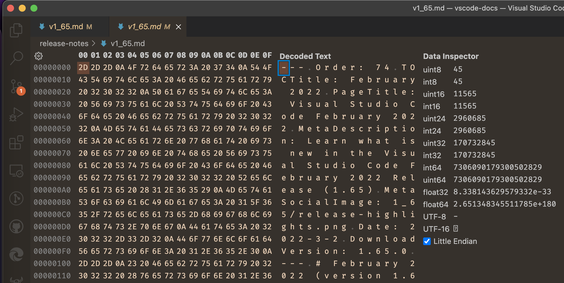 Image showing the Data Inspector to the right side of the hex bytes