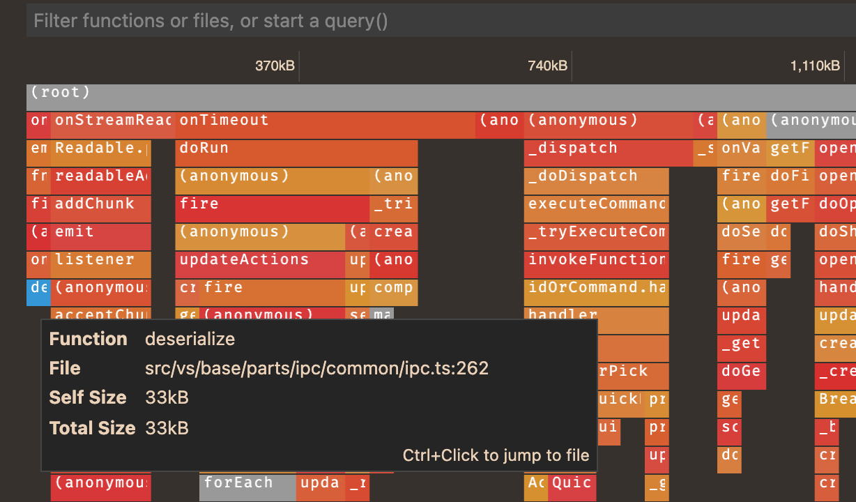 Example of the Flame Chart visualizer showing a memory profile for vscode. One cell is hovered over, showing that 33KB of memory was allocated in "ipc.ts".