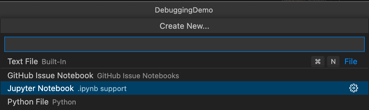 New File... drop down with option to create a new Jupyter notebook