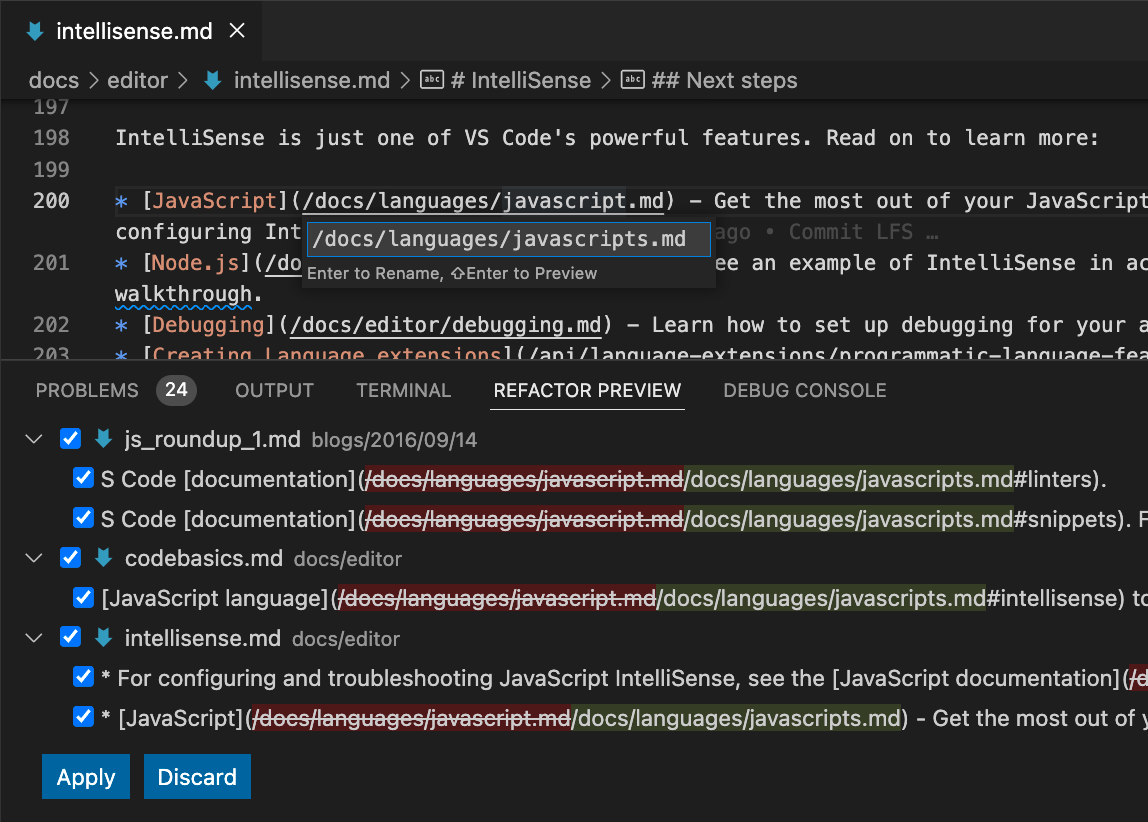 Renaming a file by pressing F2 on the file path in a link