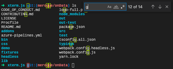 Text is searched for in the terminal and the Find control is labeled match 12 of 14 to indicate that match 12 is currently selected