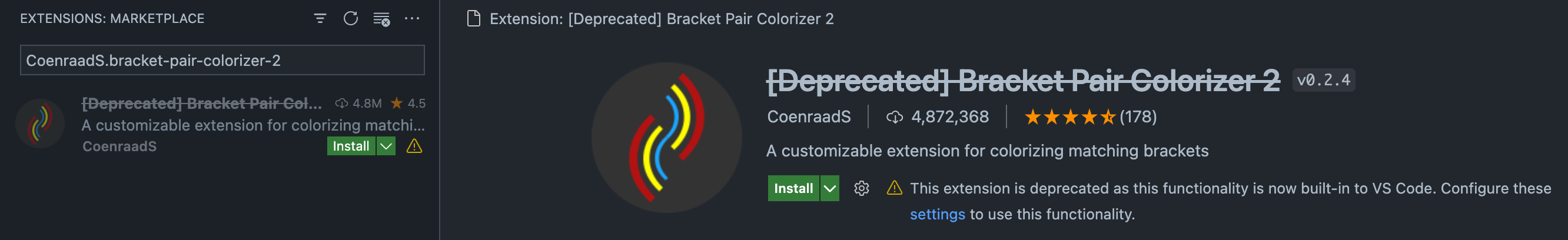Deprecated extension with builtin to VS Code