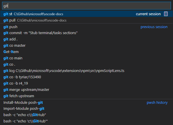 The "run recent command" command shows a Quick Pick with commands ran previously that can be filtered similar to the Go to File command