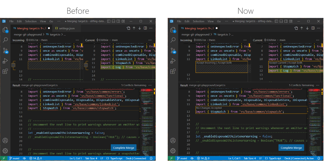 Merge editor before with checkboxes and after with CodeLens