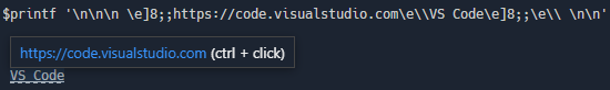 Hyperlinks appear in the terminal with dashed underlines, hovering the hyperlink reveals the URL