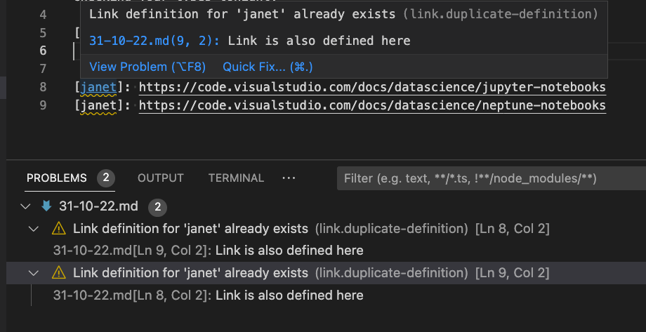 An warning about a duplicate link definition