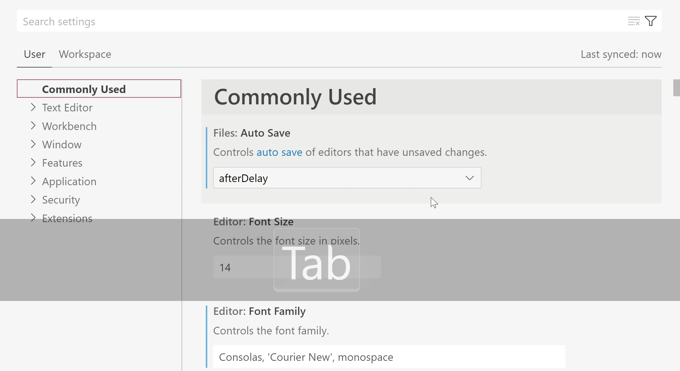 Navigating settings and a Modified elsewhere indicator in the Settings editor using the keyboard