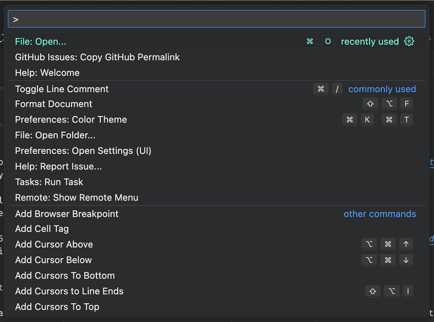 commonly used section with recently used commands