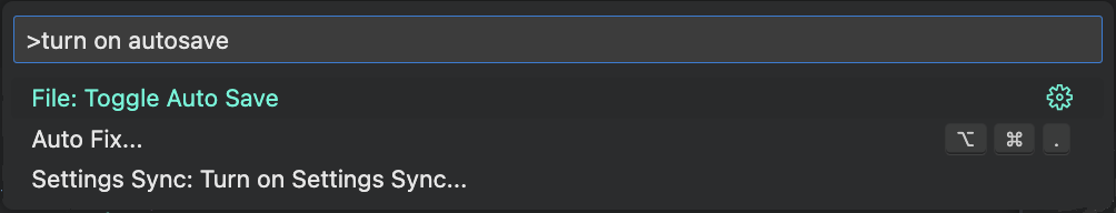 query "turn on autosave" is correctly resolved to Toggle Auto Save