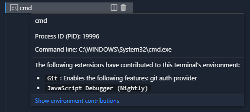 Environment variable collection descriptions are explained in a terminal tab's hover