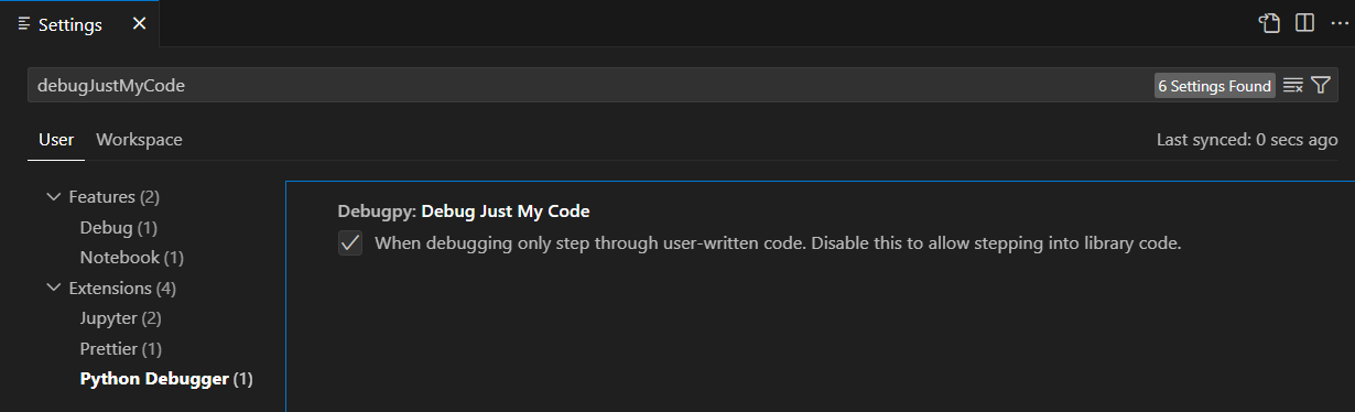 Searching "debugJustMyCode" in the Settings editor results in the debugpy.debugJustMyCode setting appearing at the top.