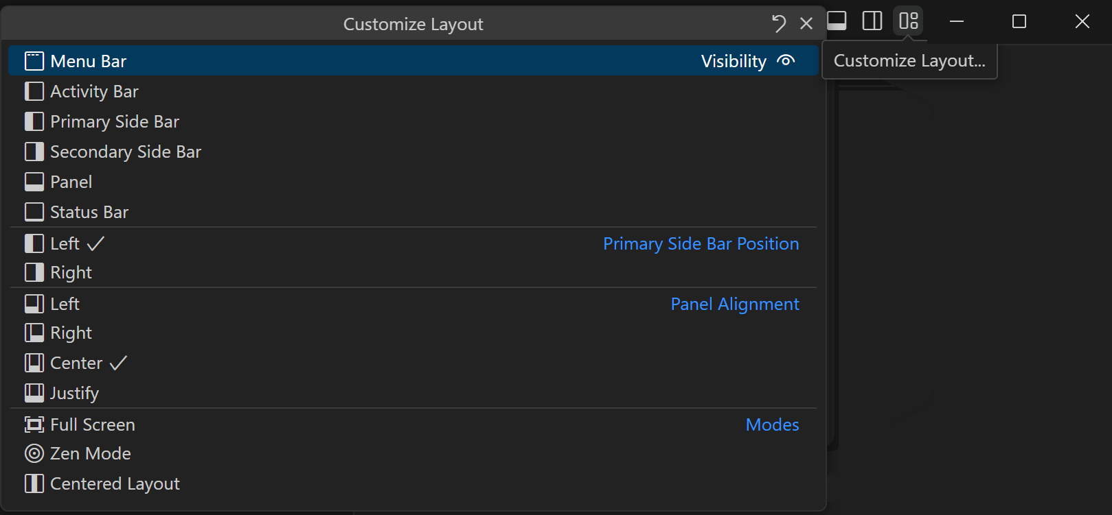 Customize Layout dropdown