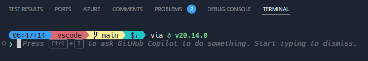 The terminal will say "Press Ctrl+I to ask GitHub Copilot to do something. Start typing to dismiss"