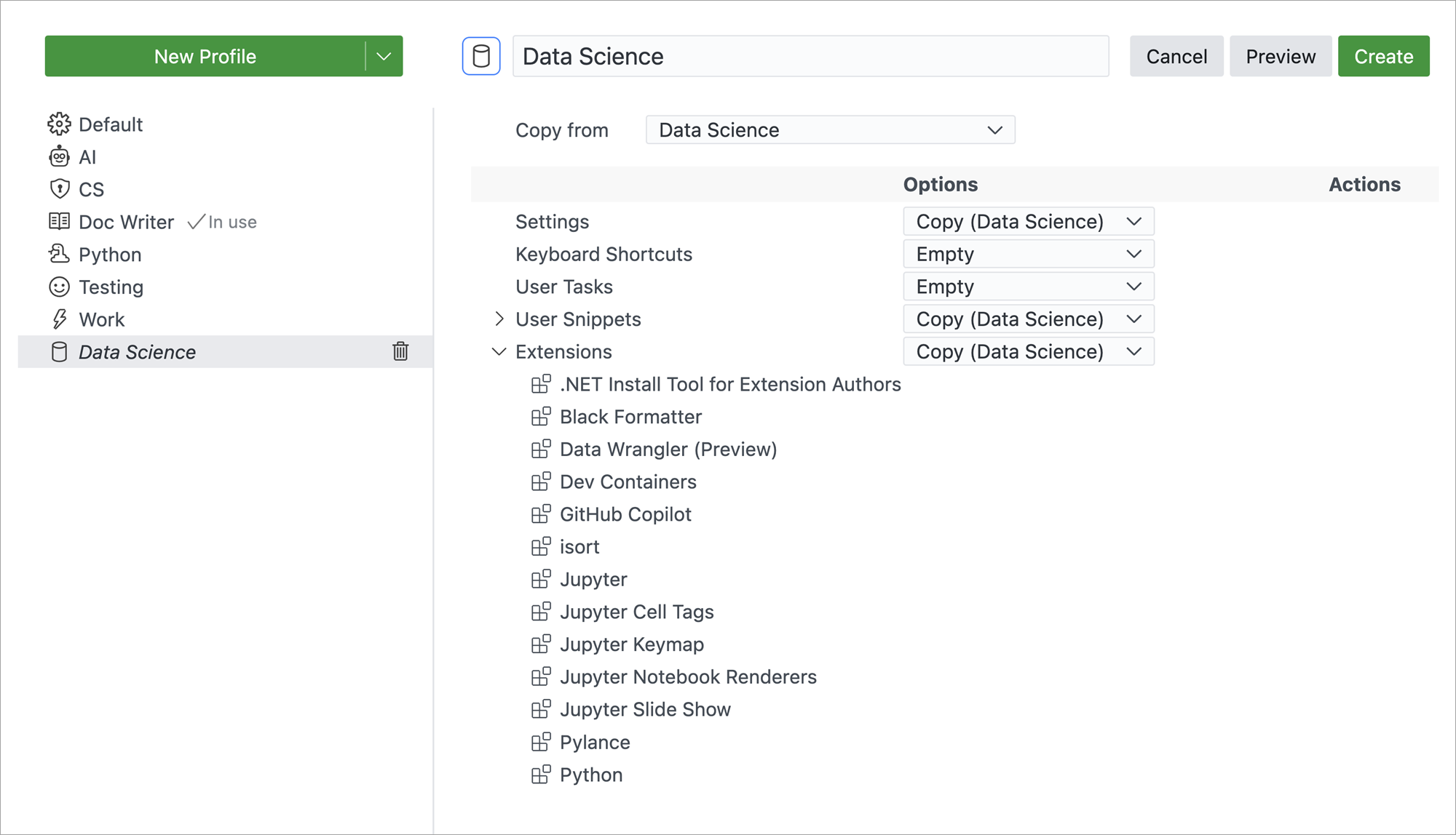 Profiles Editor showing all user profiles and their settings.