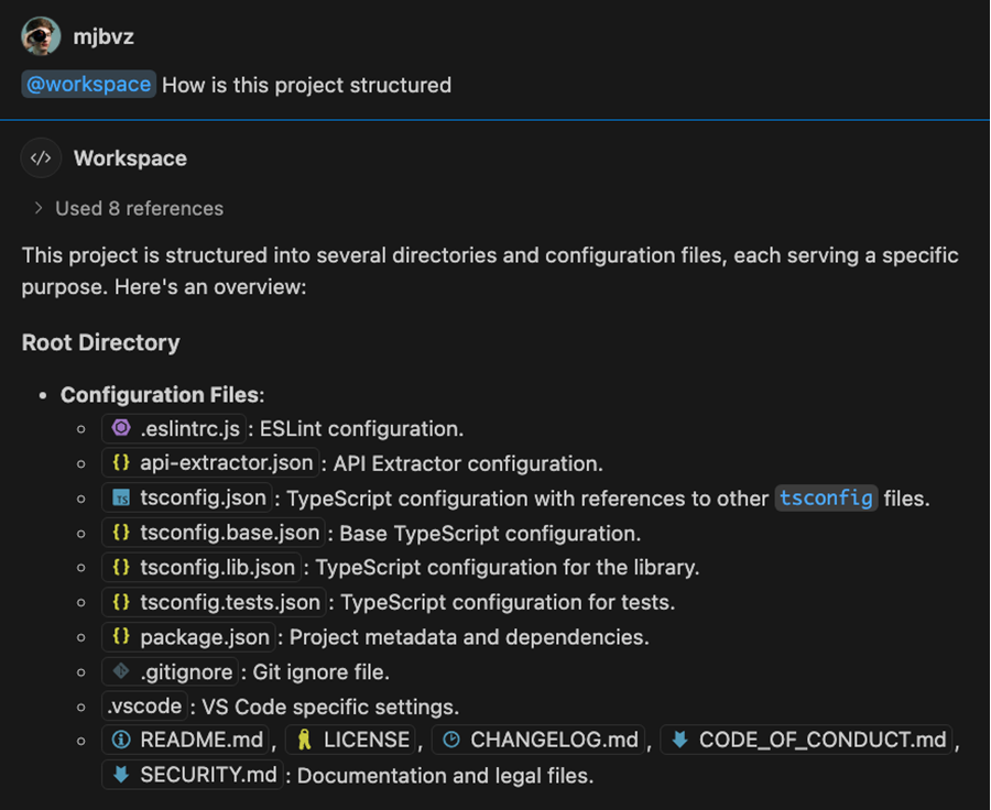 Paths to workspace files in the response now render using file icons.