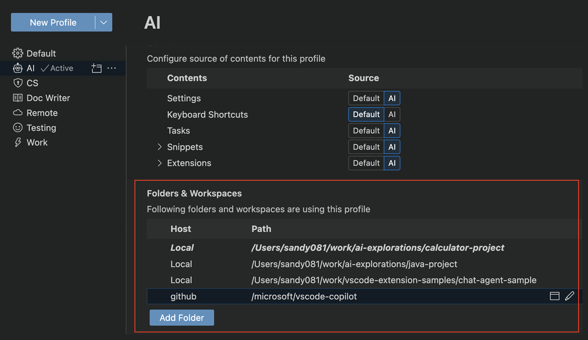 Folders & Workspaces section in the Profile editor.