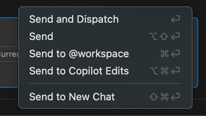 The list of available "send" commands in the chat view.