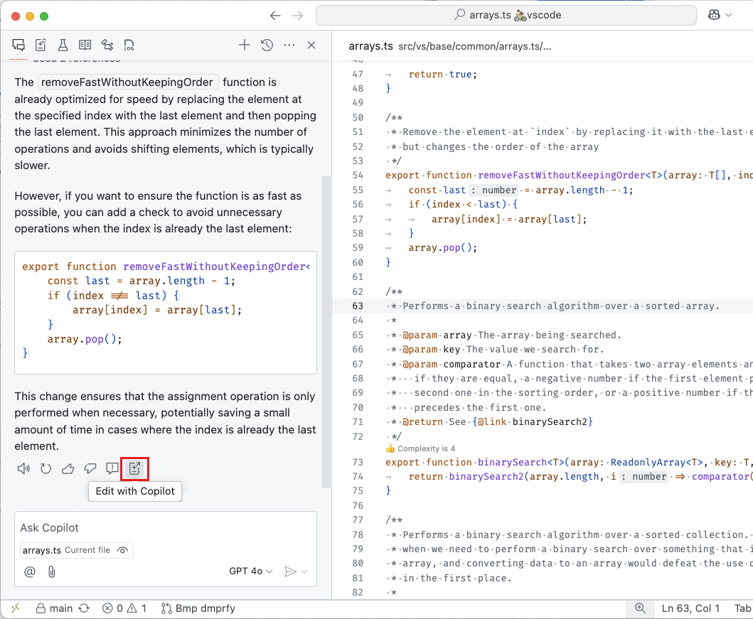 Edit with Copilot showing for a chat exchange.